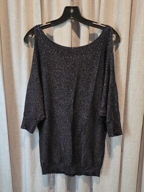 Express Metallic Shimmer Black Cold Shoulder Dolman Sleeve Lightweight Sweater